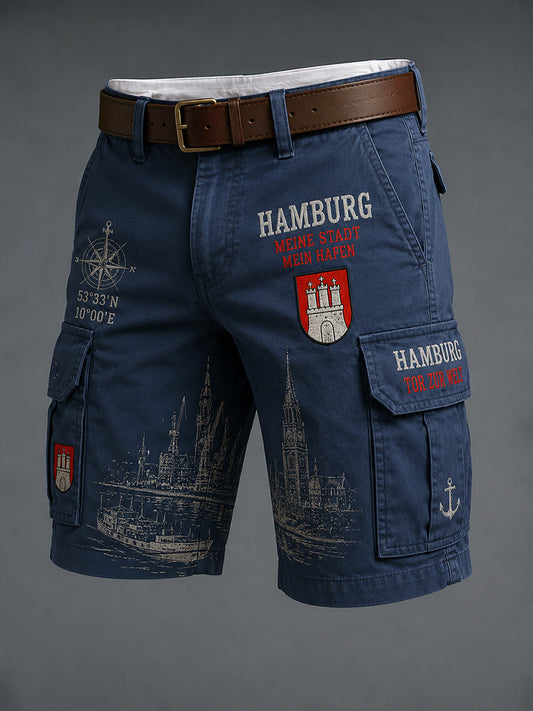 Herren-Kurzhose im Retro-Stil mit städtischem Grafikdruck und Cargotaschen