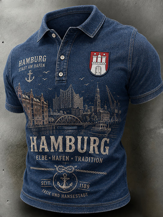 Herren-Poloshirt mit kurzen Ärmeln und Vintage-Print im Stil eines Städte-Souvenirs