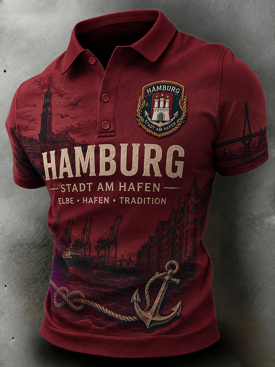 Herren-Poloshirt mit kurzen Ärmeln und Vintage-Print im Stil eines Städte-Souvenirs