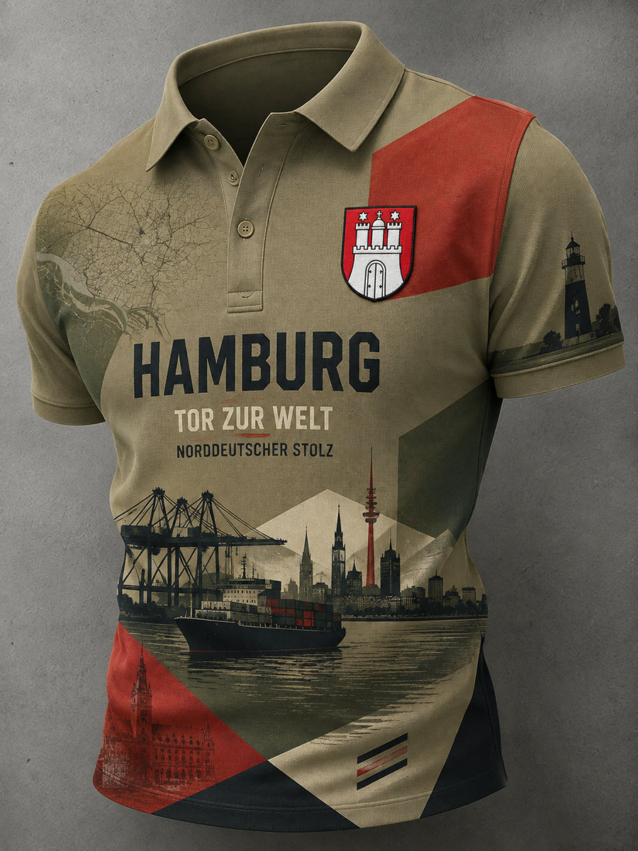 Herren-Poloshirt mit kurzen Ärmeln und Vintage-Print im Stil eines Städte-Souvenirs