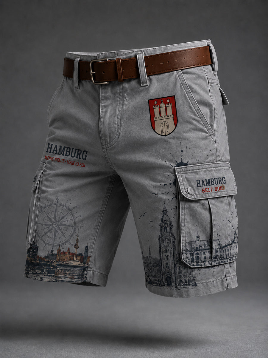 Herren-Kurzhose im Retro-Stil mit städtischem Grafikdruck und Cargotaschen