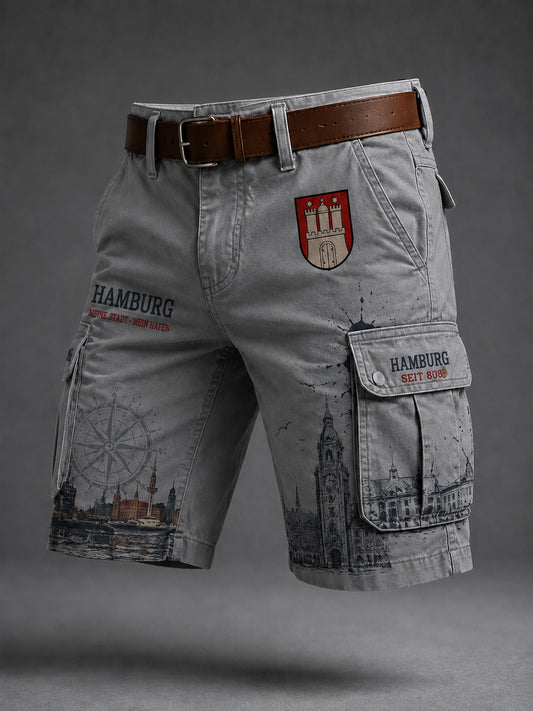 Herren-Kurzhose im Retro-Stil mit städtischem Grafikdruck und Cargotaschen