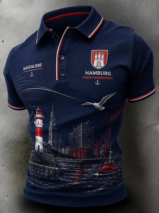 Herren-Poloshirt mit kurzen Ärmeln und urbanem, erinnerungsträchtigem Grafikdruck