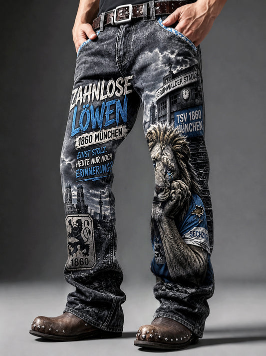 Herren-Vintage-Hose in Dunkelgrau mit deutschem Slogan-Print, lässig geschnitten