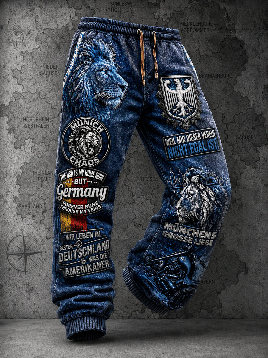 Dunkelblaue Freizeit-Sporthose für Herren mit deutschem Slogan-Print