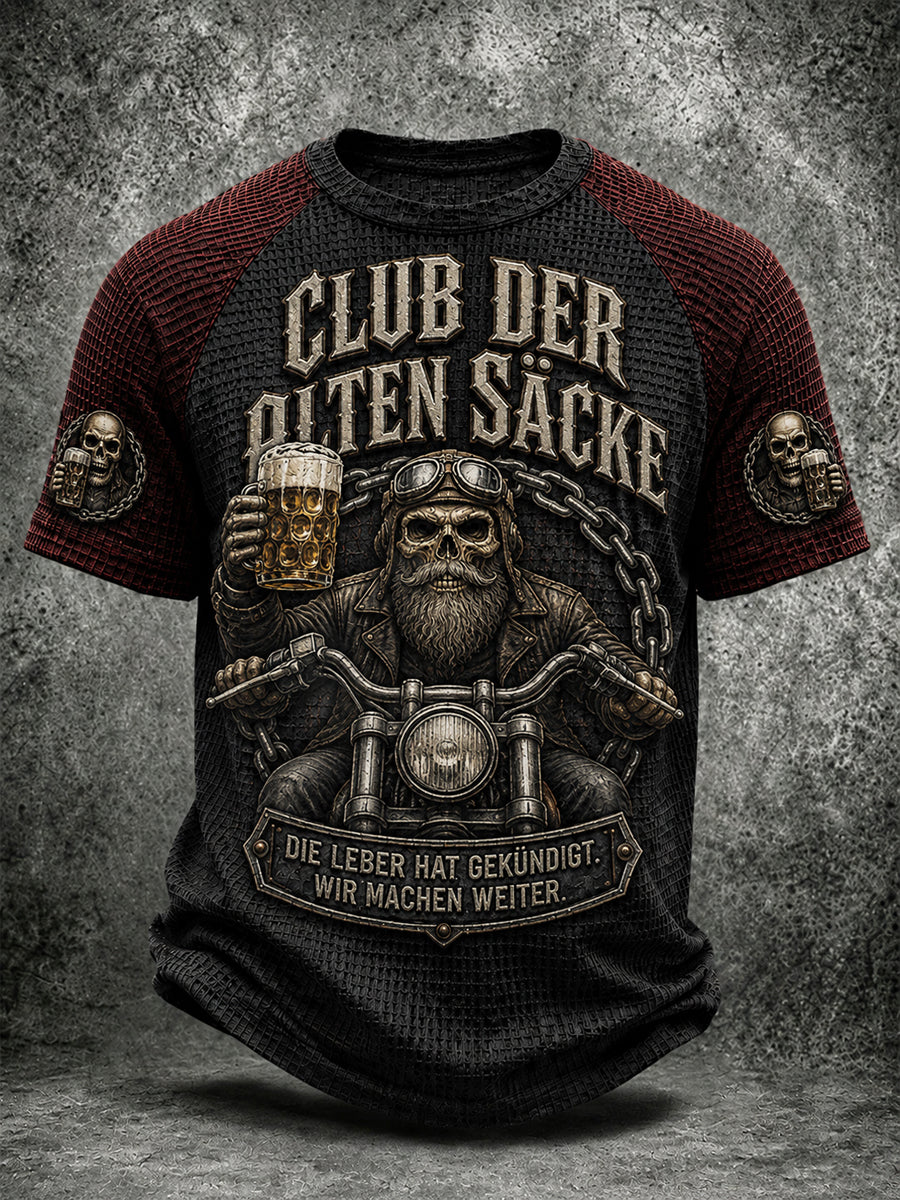 Retro-Punk-Oktoberfest-T-Shirt mit Skelett- und Waffelmuster für Motorradfahrer