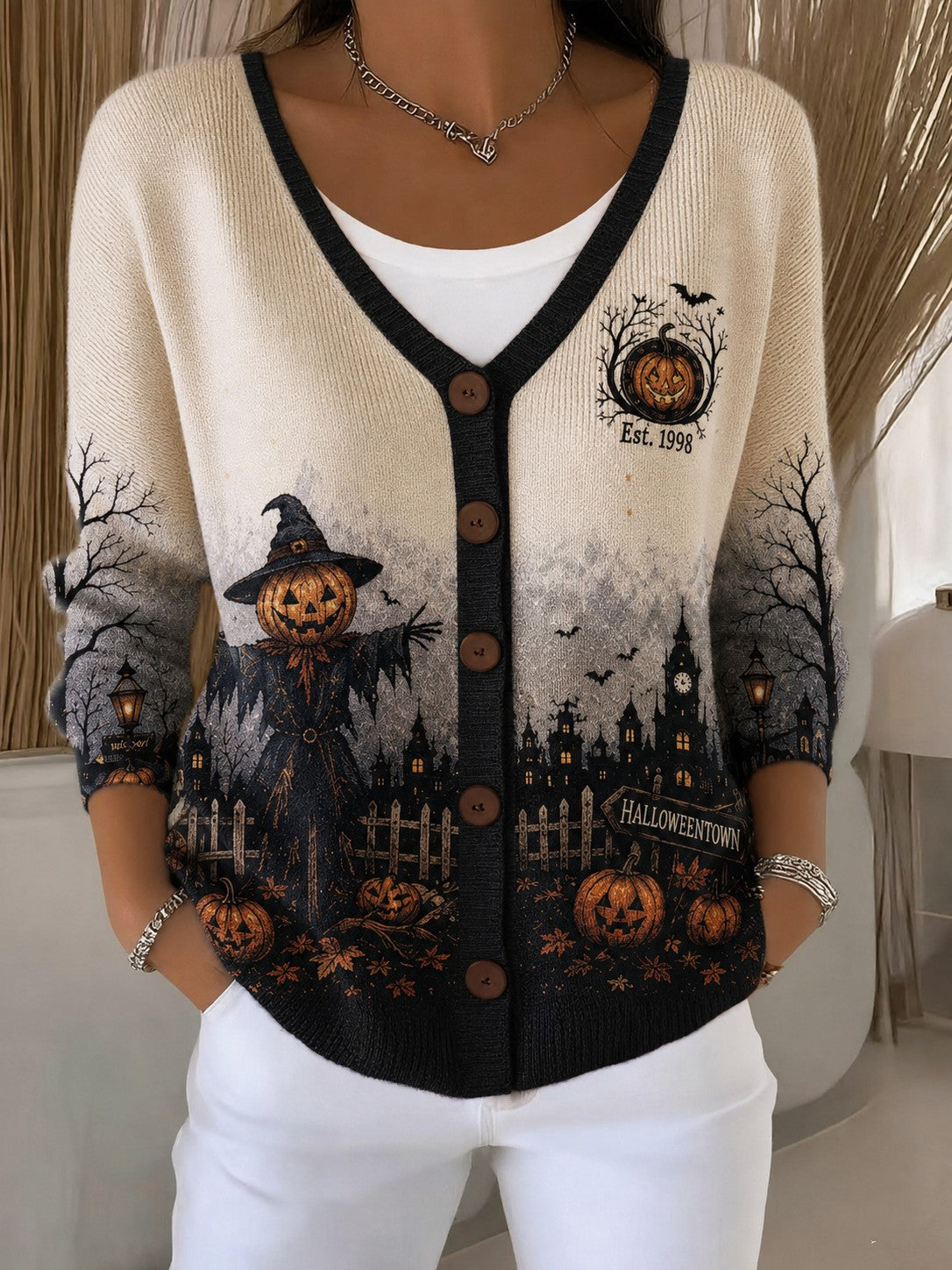 Damen Halloween bedruckte gemütliche Strickjacke
