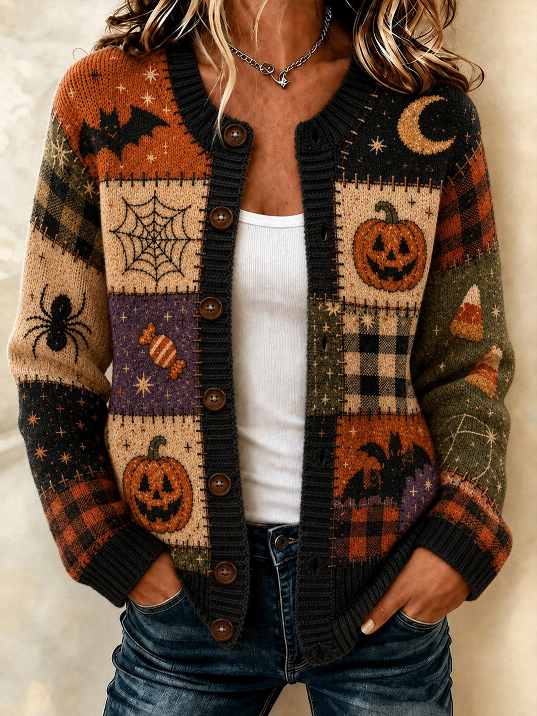 Kuscheliger bedruckter Damen-Strickjacke für Halloween