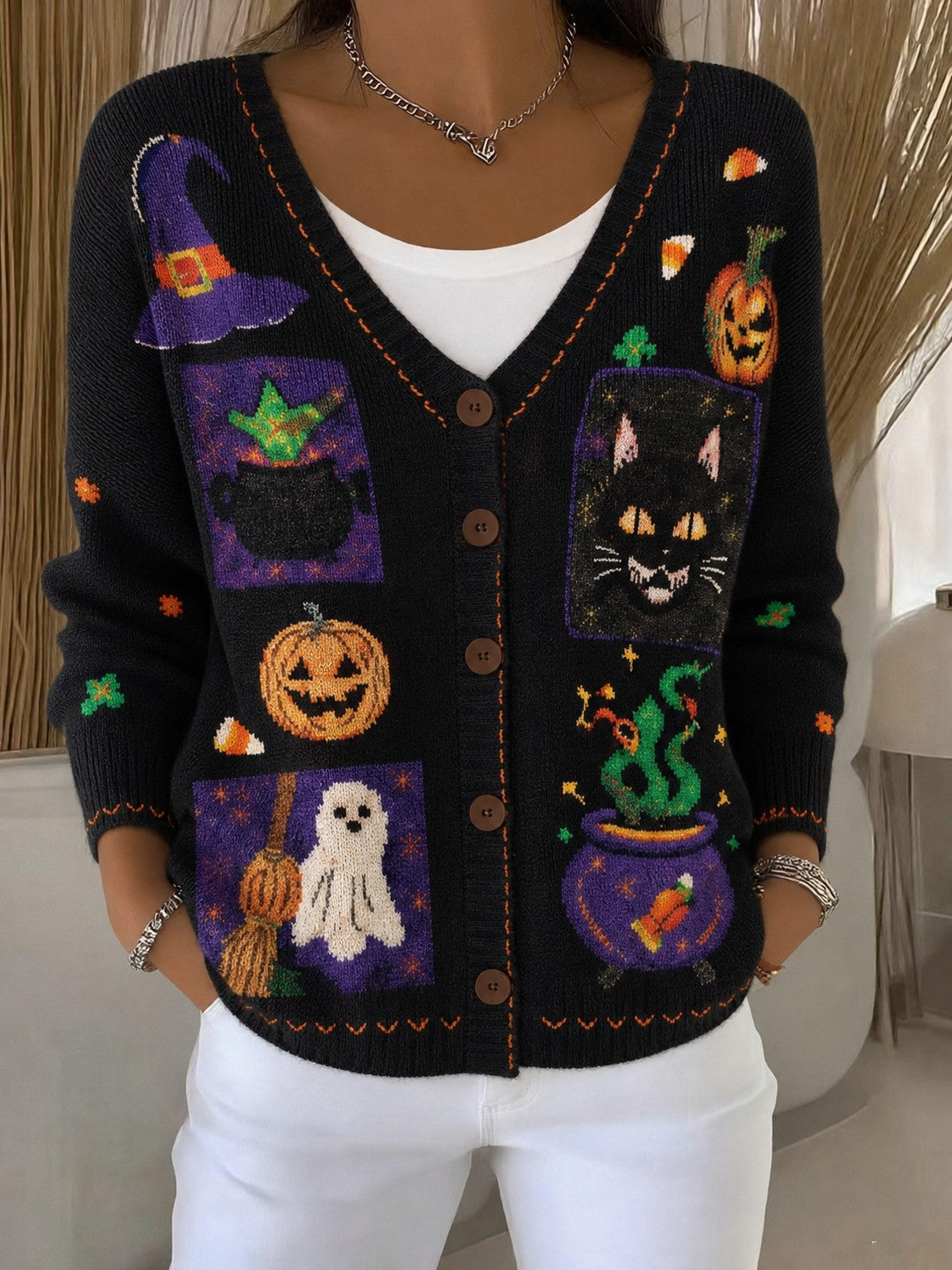 Kuscheliger bedruckter Damen-Strickjacke für Halloween