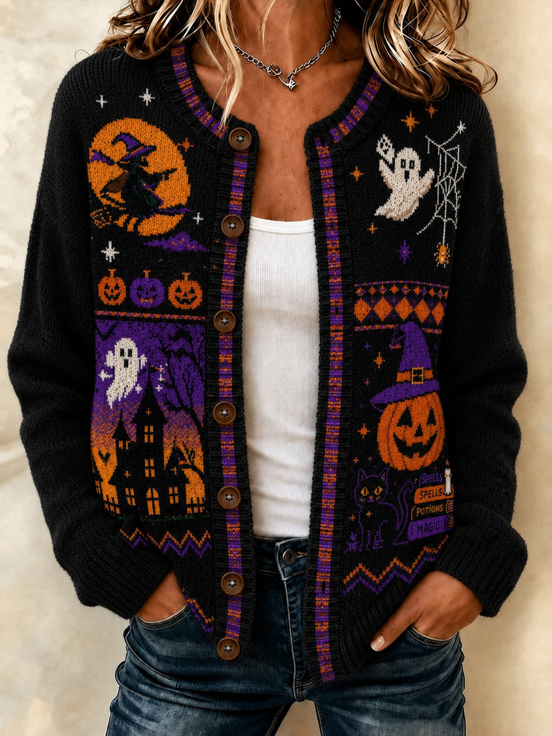 Kuscheliger bedruckter Damen-Strickjacke für Halloween
