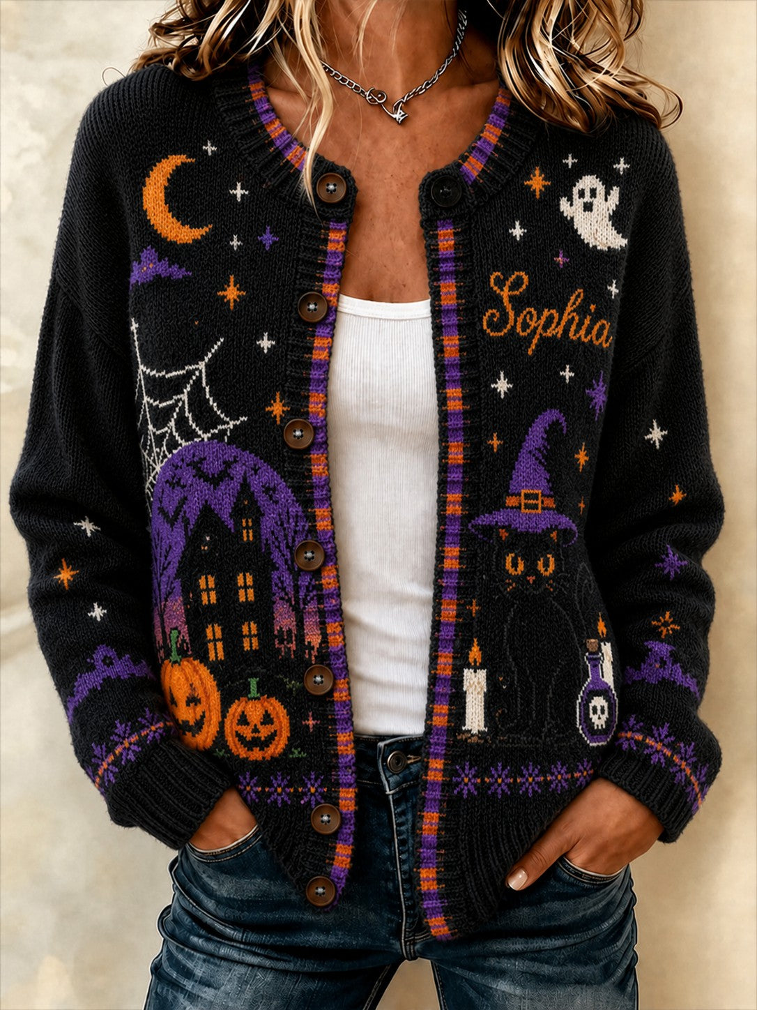 Kuscheliger bedruckter Damen-Strickjacke für Halloween