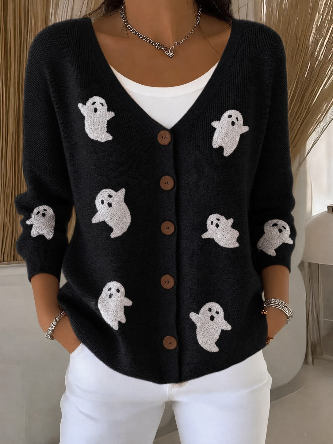 Kuscheliger bedruckter Damen-Strickjacke für Halloween