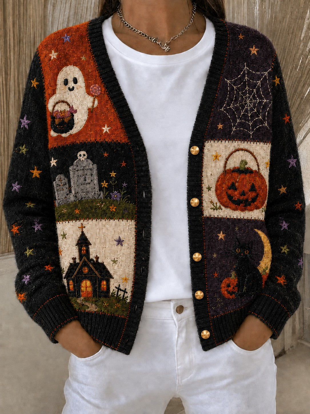 Kuscheliger bedruckter Damen-Strickjacke für Halloween