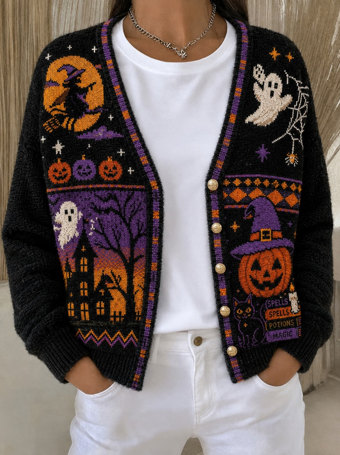 Kuscheliger bedruckter Damen-Strickjacke für Halloween
