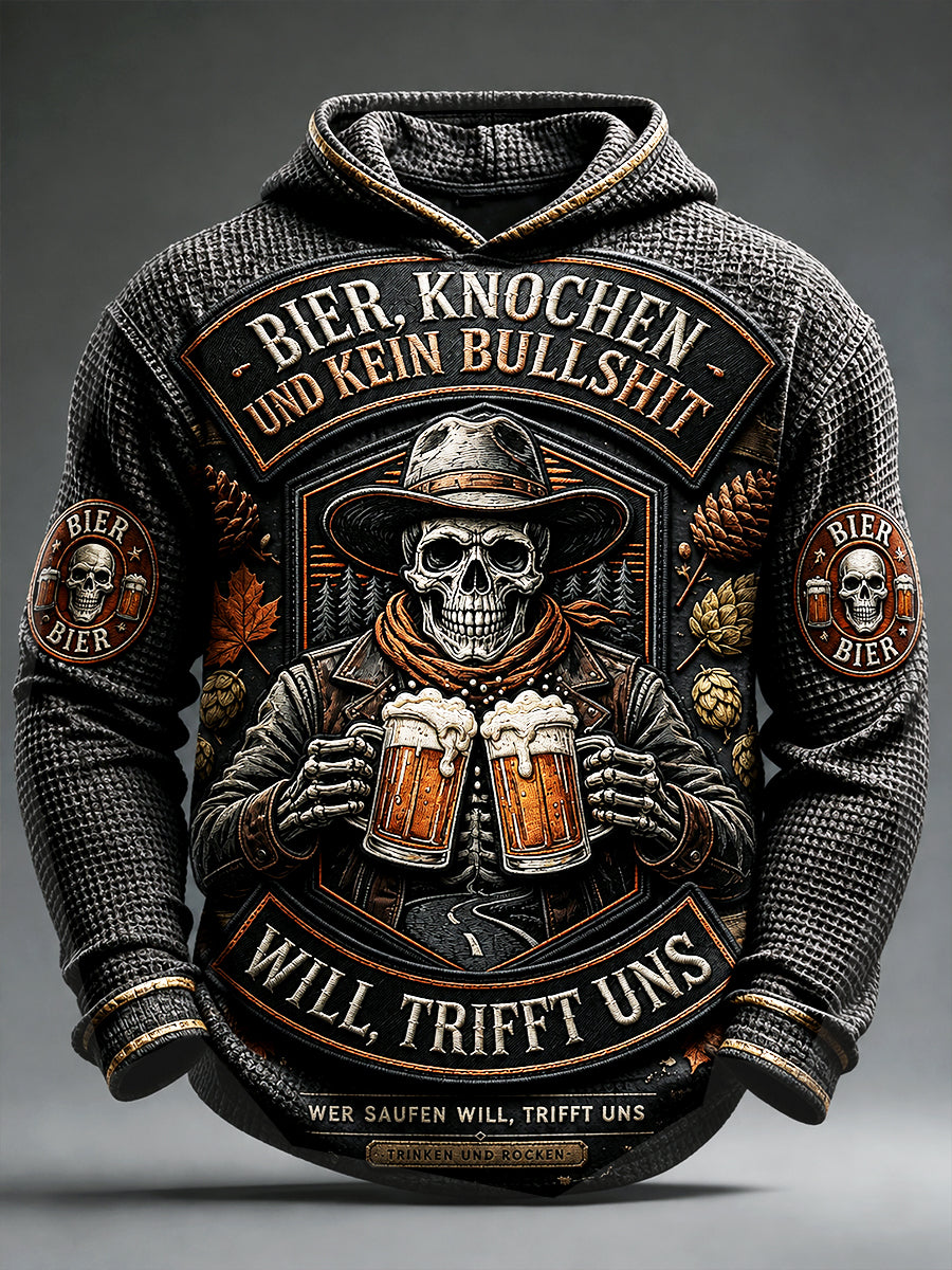 Herren-Retro-Sweatshirt im deutschen Bierknochen-Design, lässig mit Waffelstruktur und Kapuze