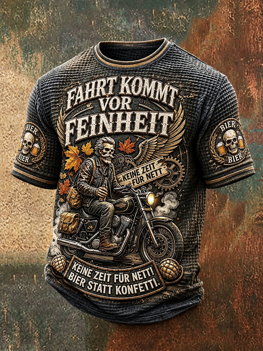 Herren-Retro-T-Shirt im deutschen Bier-Motorrad-Style, lässig, waffelgewebt