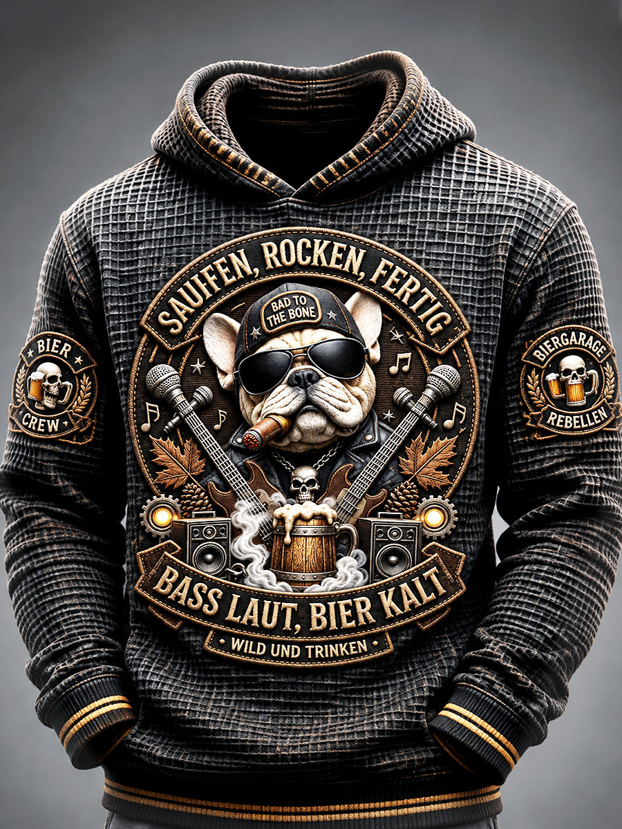 Herren-Vintage-Deutsch-Bier-Französische-Bulldogge-Print lässiger Kapuzenpullover aus Waffelstruktur