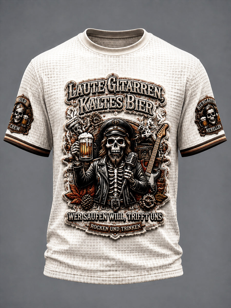 Herren Off-White T-Shirt im Bier-Rock-Stil mit deutschem Slogan-Print, lässig, waffelgewebt