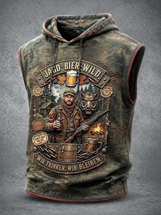 Herren-Vintage-Westenjacke in Armeegrün mit deutschem Bier-Slogan-Print und Kapuze
