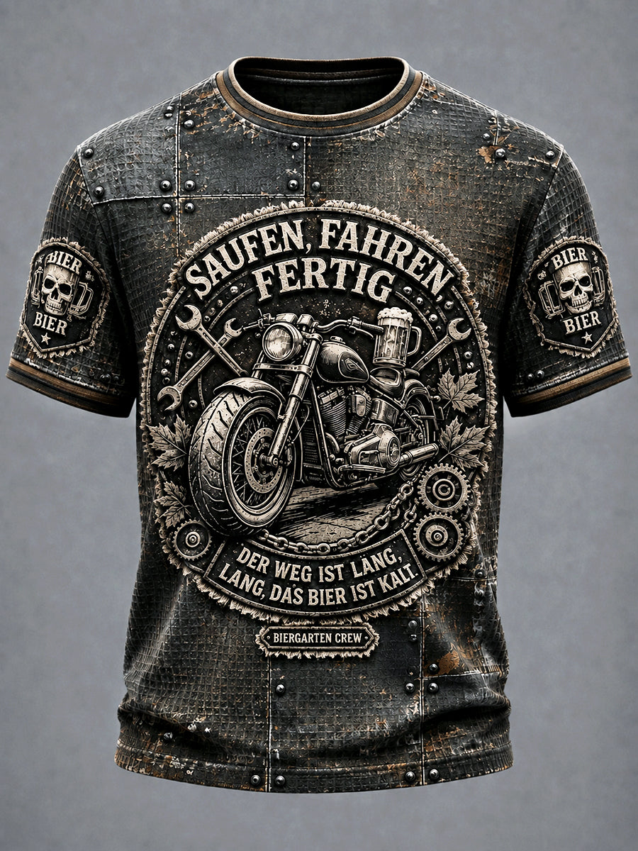 Herren-T-Shirt mit deutschem Bier- und Motorrad-Slogan, lässig, waffelgewebt