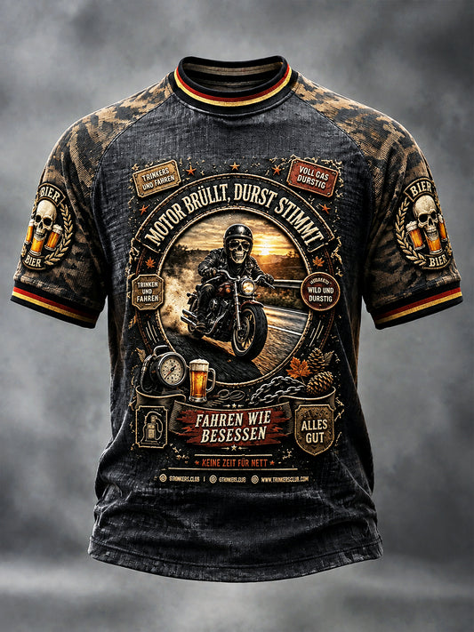Herren-T-Shirt mit deutschem Bier-, Motorrad- und Tarnmuster, lässiger Style