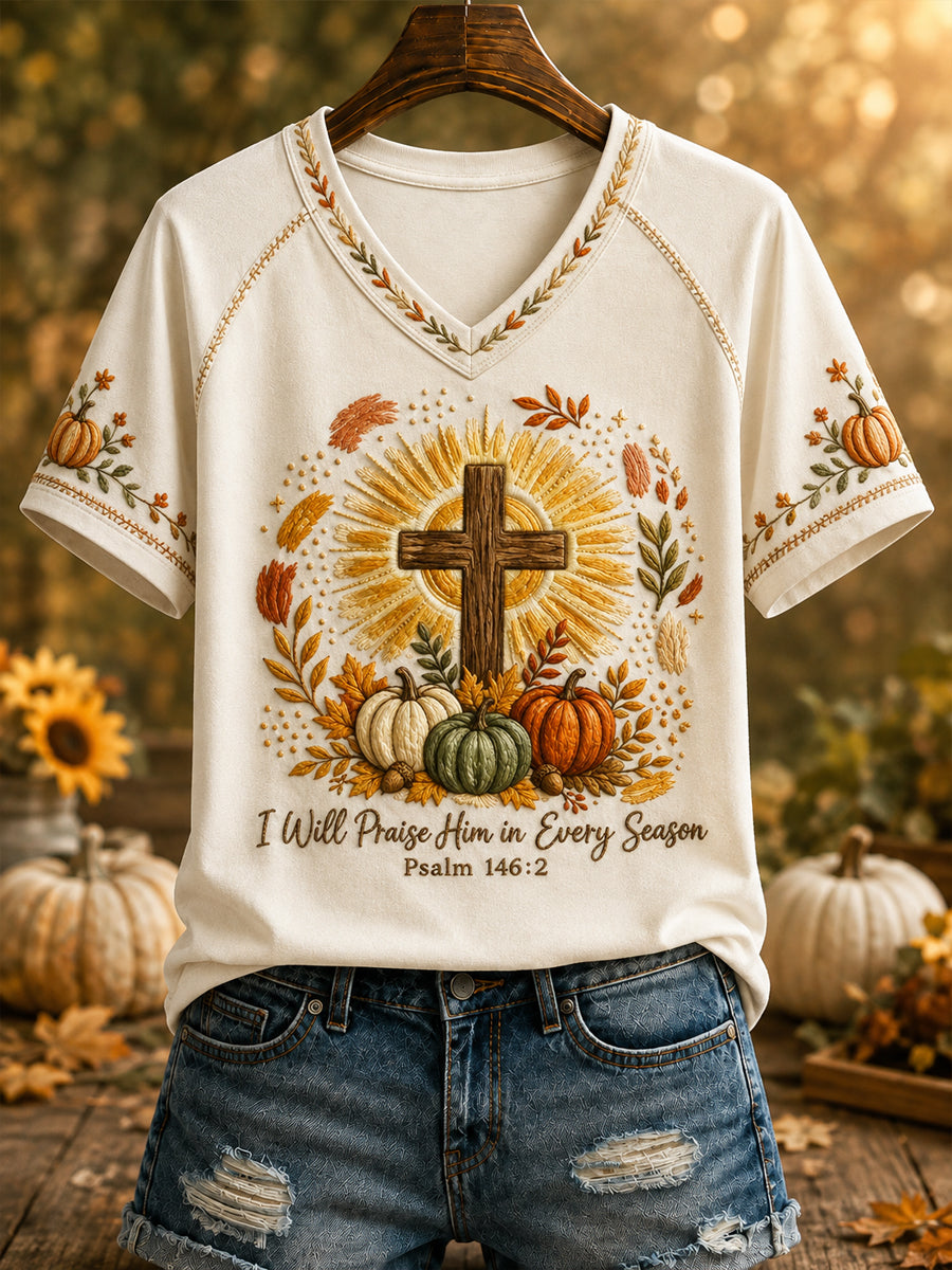 Damen-T-Shirt mit V-Ausschnitt und Aufdruck „Ich werde Ihn in jeder Zeit preisen“