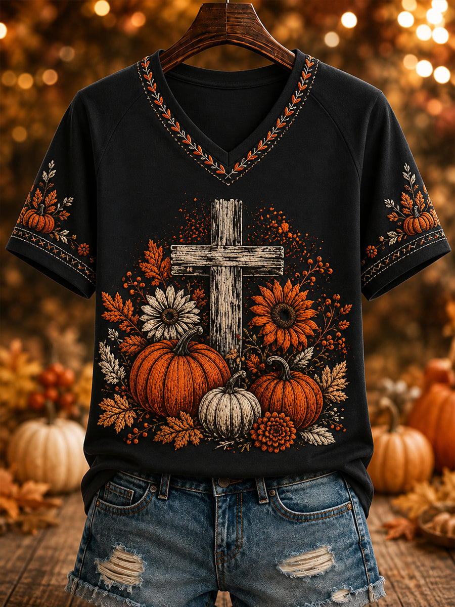 T-Shirt mit V-Ausschnitt Damen Herbst-Glaubens kunst bedruckt