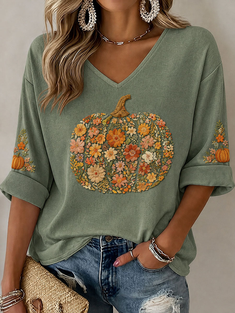 Frauen Kürbis Blumen Mittellange Ärmel V-Ausschnitt T-Shirt