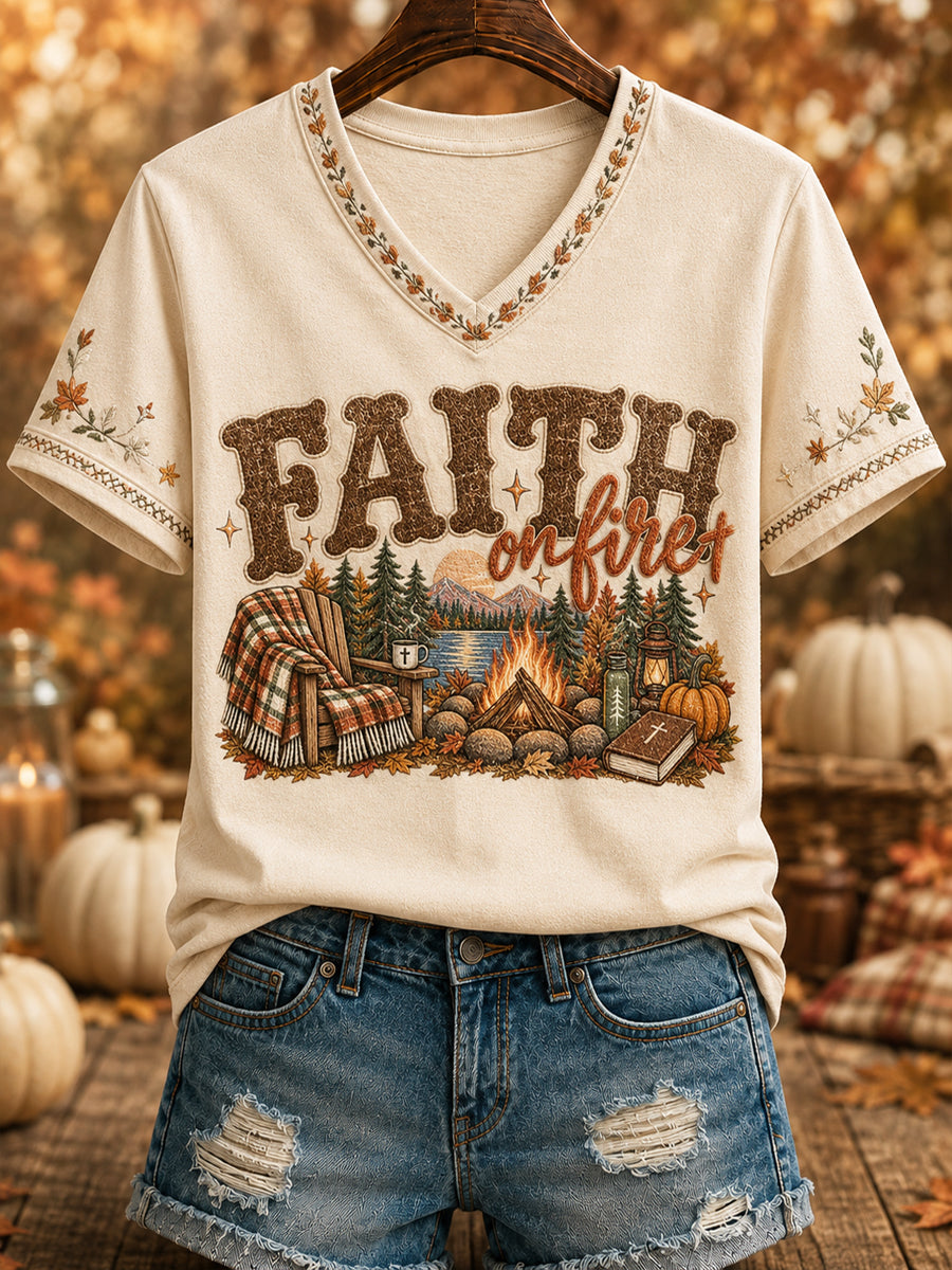 Bedrucktes T-Shirt mit V-Ausschnitt für Frauen „ FAITH on Fire“