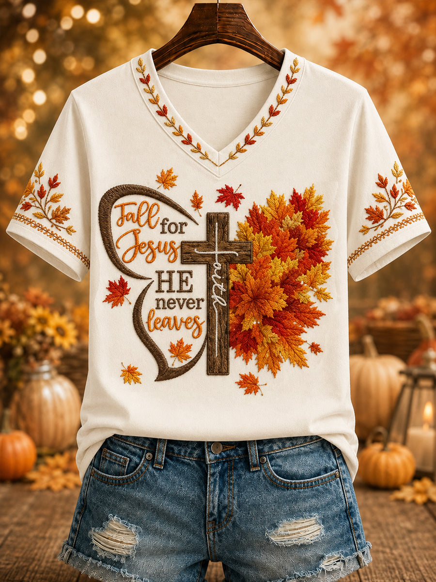 Bedrucktes T-Shirt mit V-Ausschnitt Frauen "Herbst für Jesus, den er nie verlässt"