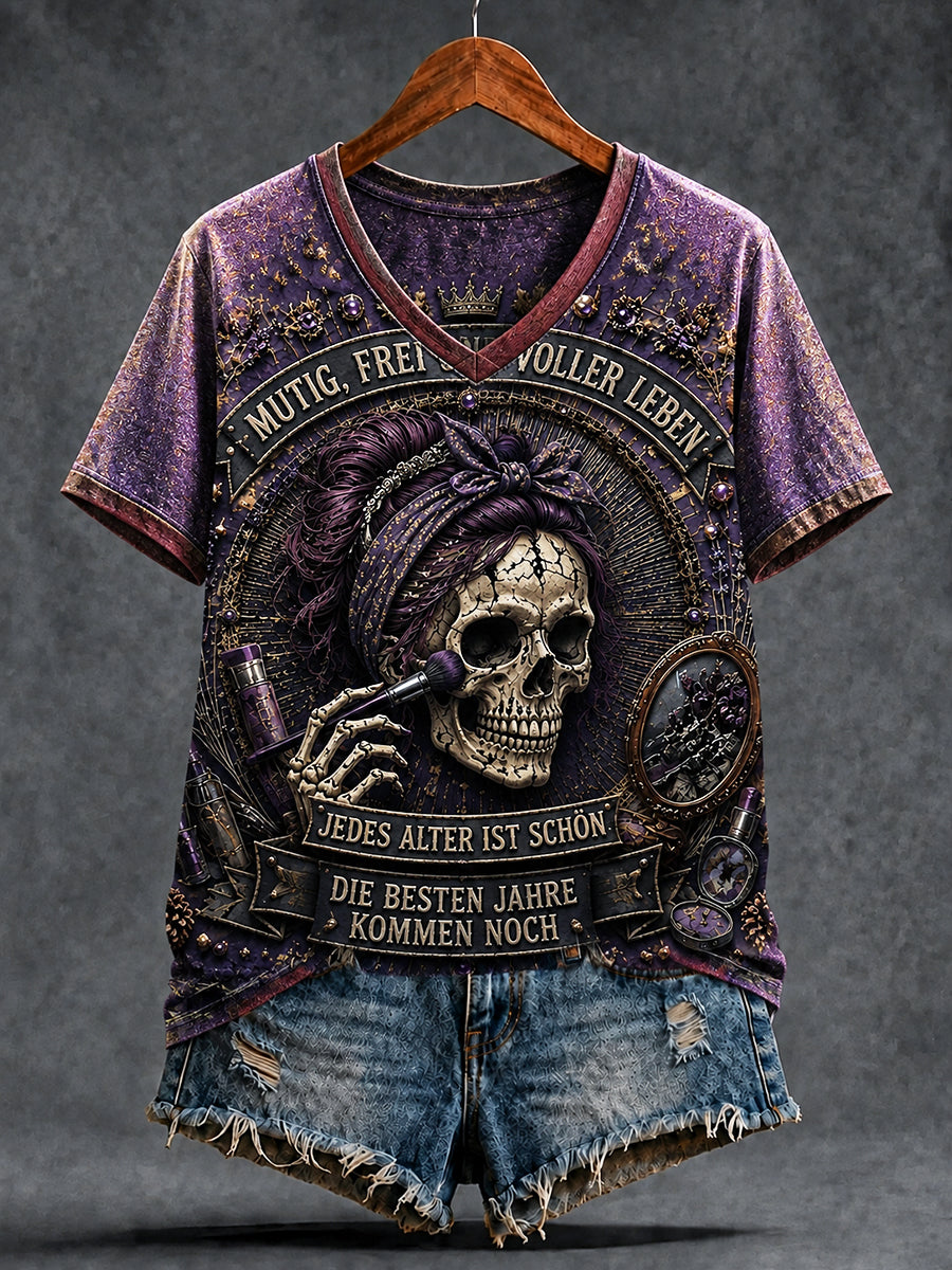 Damen-T-Shirt mit lässiger V-Ausschnitt, lila deutscher Frauen power