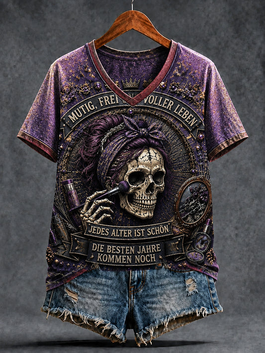 Damen-T-Shirt mit lässiger V-Ausschnitt, lila deutscher Frauen power