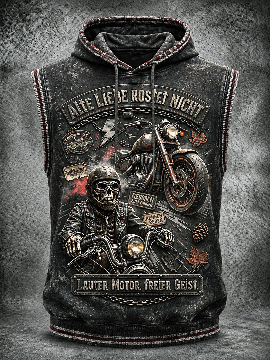 Schwarze deutsche Motorrad-Slogan-bedruckte lässige Kapuzen weste für Herren