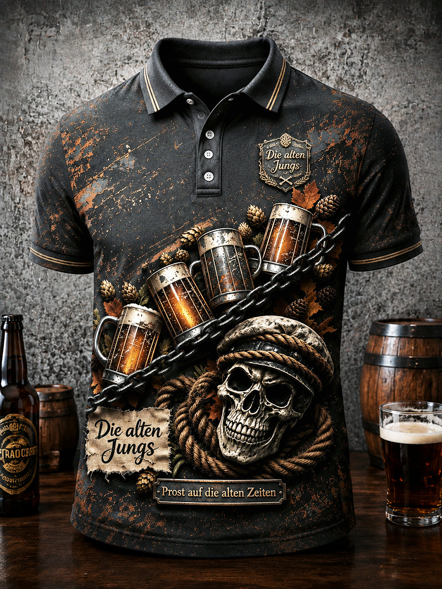 Herren Schwarz Deutsches Bier Fußball Slogan Print Polo Shirt