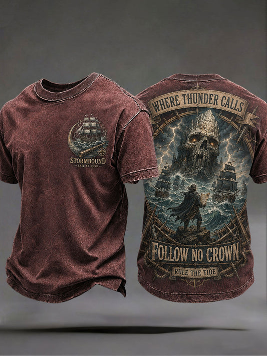 Herren-T-Shirts mit dem Spruch „Wo der Donner ruft, folge keiner Krone, beherrsche die Flut“