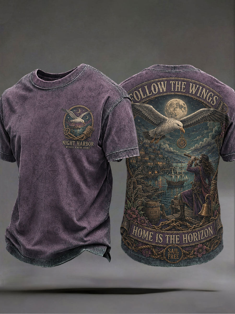 Herren-T-Shirts mit dem Spruch „Folge den Flügeln nach Hause, der Horizont ist dort“