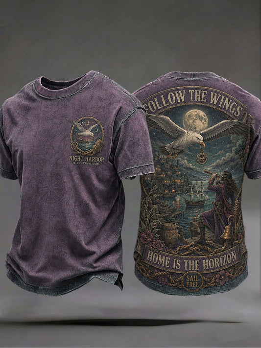 Herren-T-Shirts mit dem Spruch „Folge den Flügeln nach Hause, der Horizont ist dort“