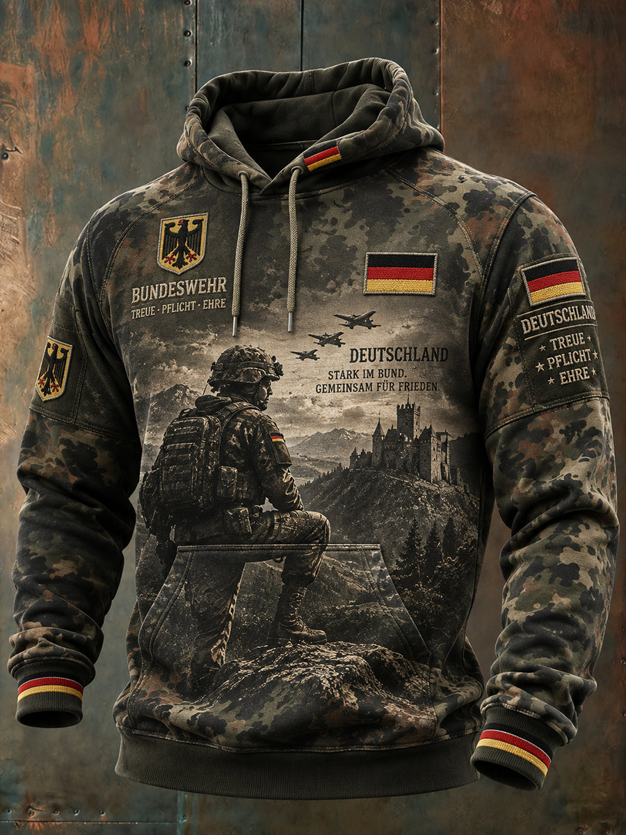 Herren-Kapuzenpullover im Vintage-Stil mit Veteran-Print und tief angesetzten Schultern