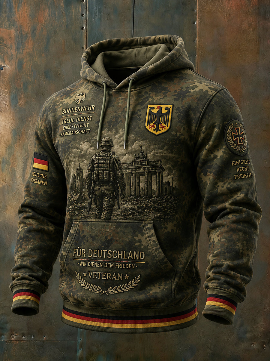 Herren-Kapuzenpullover im Vintage-Stil mit Veteran-Print und tief angesetzten Schultern