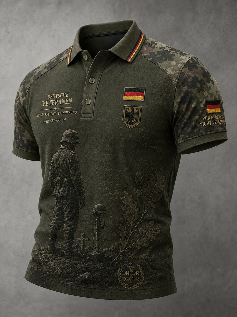 Herren-Poloshirt im Vintage-Stil mit Veteranen-Print, Raglanärmeln und kurzen Ärmeln