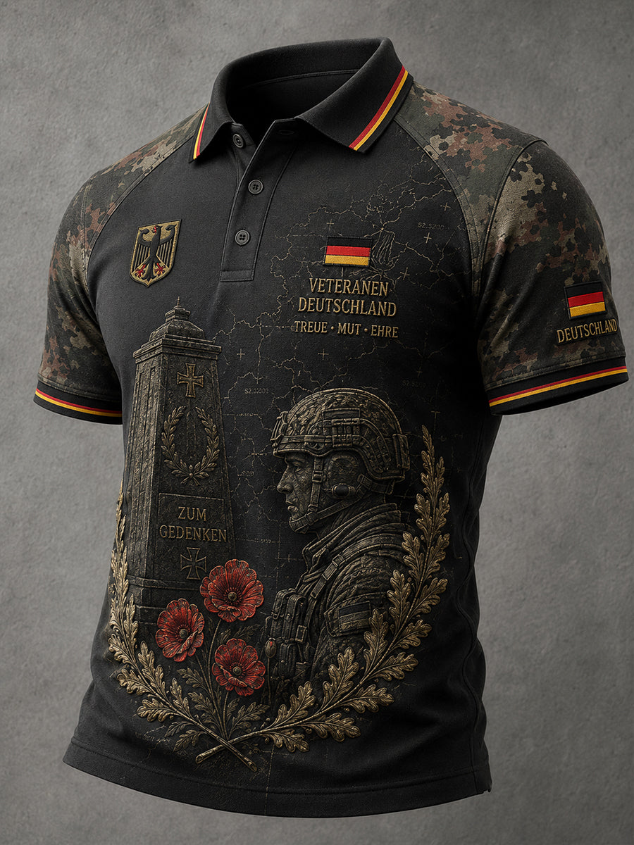 Herren-Poloshirt im Vintage-Stil mit Veteranen-Print, Raglanärmeln und kurzen Ärmeln