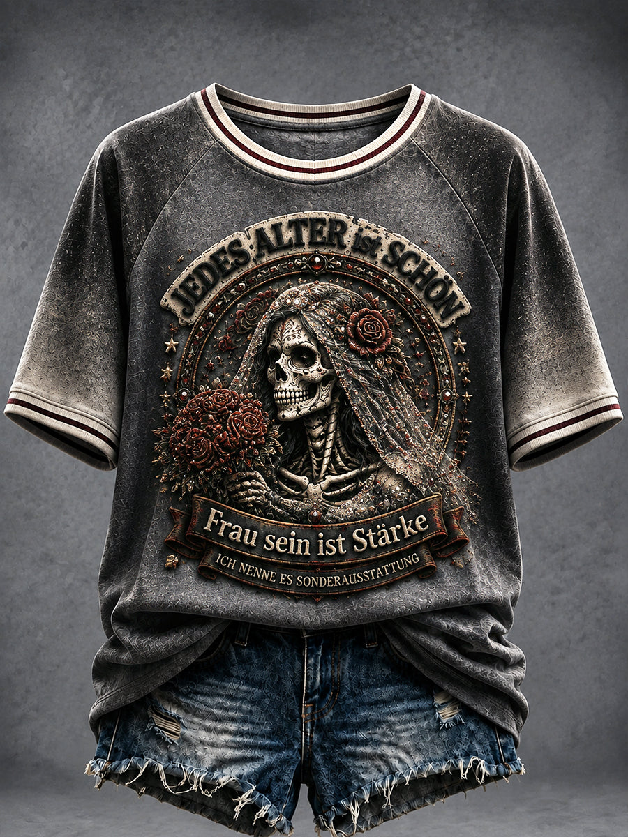 Frauen dunkelgraues deutsches feminist isches Farbdruck-lässiges T-Shirt