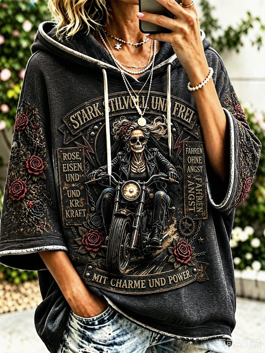 Damen schwarz deutsch 'Women's Power'-Druck lässig Loose-Fit-Kapuzen-Sweatshirt