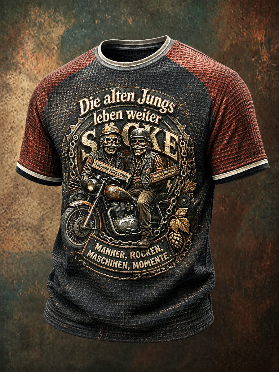 Herren Schwarz Deutsch 'Old Friend' Slogan-bedrucktes lässiges Waffel-Weave T-Shirt