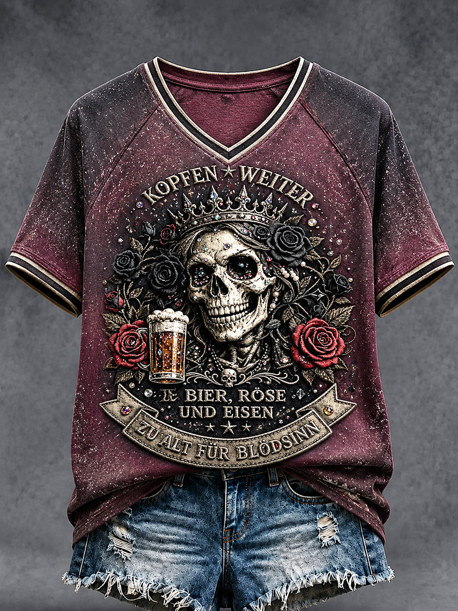 Damen-T-Shirt mit V-Ausschnitt und lässiger V-Ausschnitt, Damen-Power, lila Farbdruck