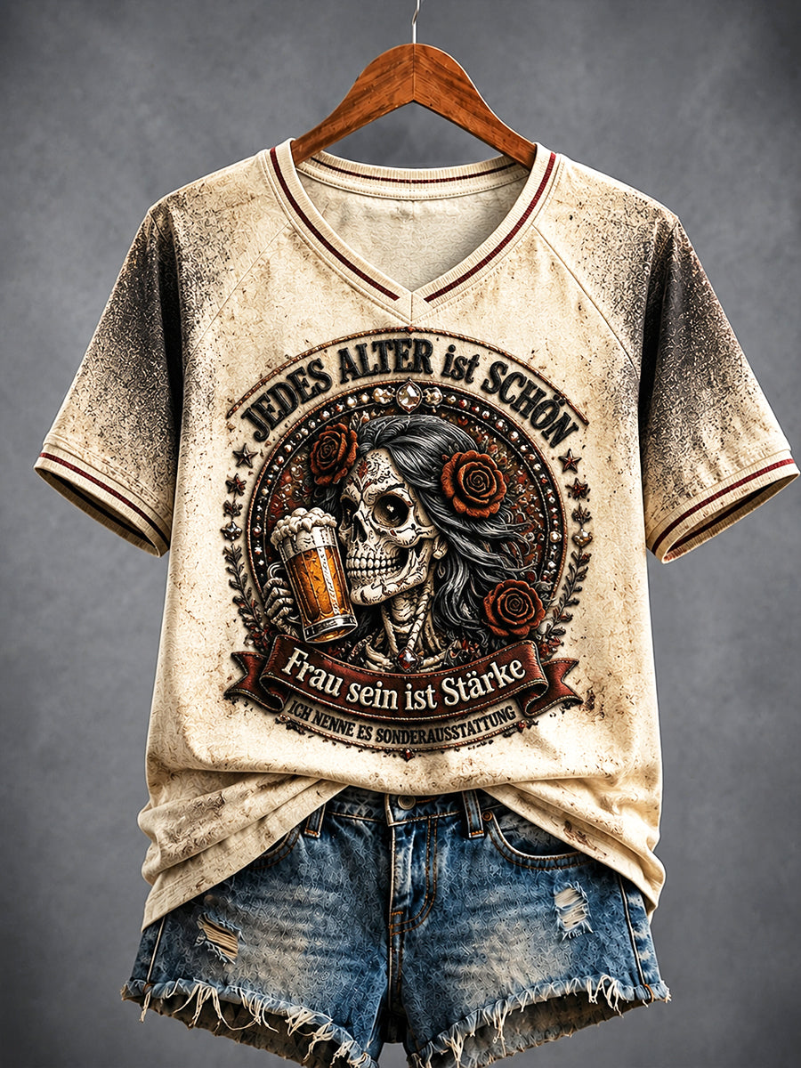 Damen Retro deutsche feminist isches T-Shirt mit lässiger V-Ausschnitt