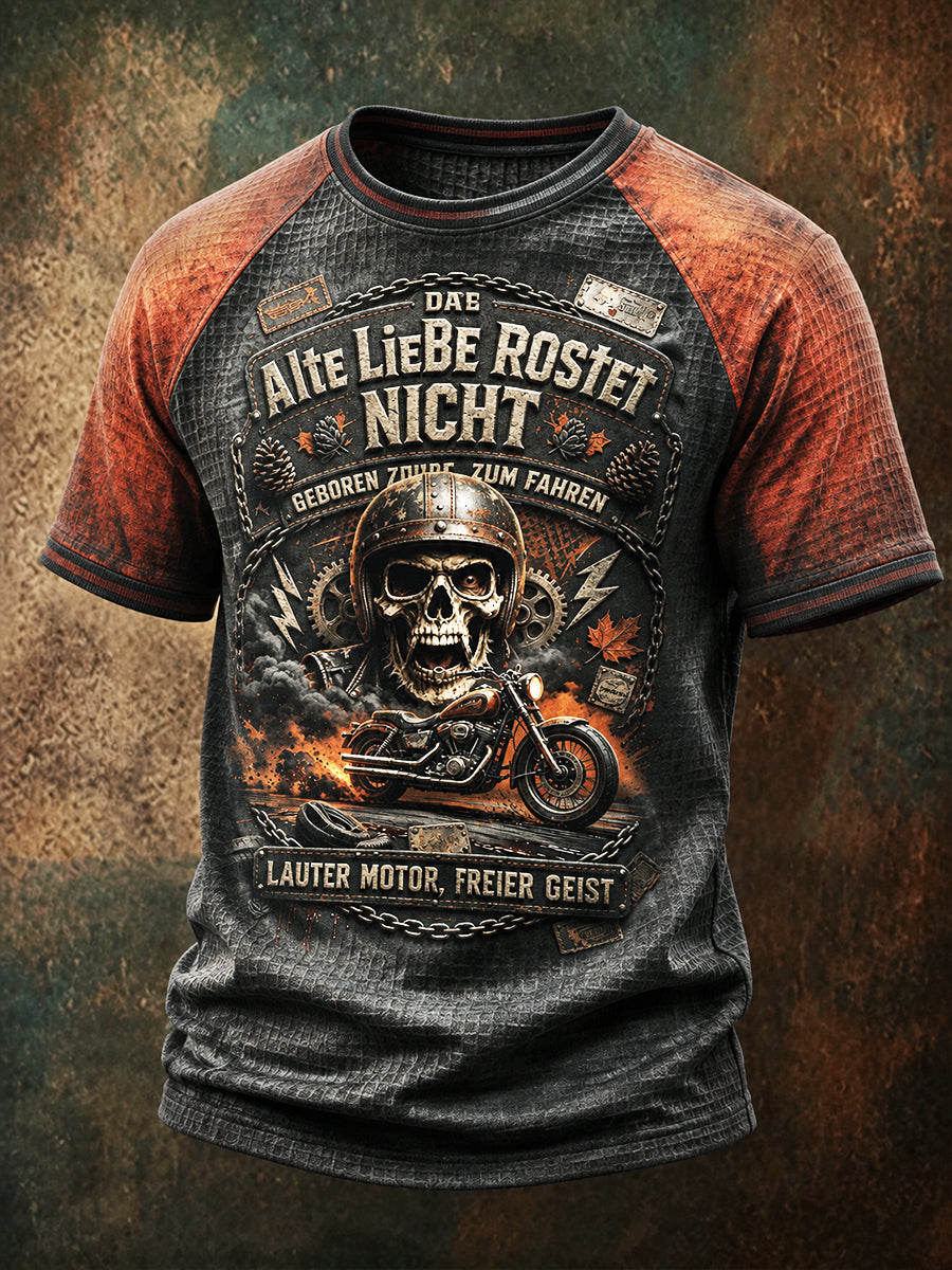 Herren Vintage Deutsches Motorrad-Slogan-Print Freizeit-Waffel-T-Shirt