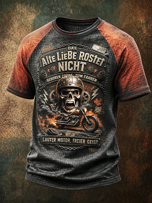 Herren Vintage Deutsches Motorrad-Slogan-Print Freizeit-Waffel-T-Shirt