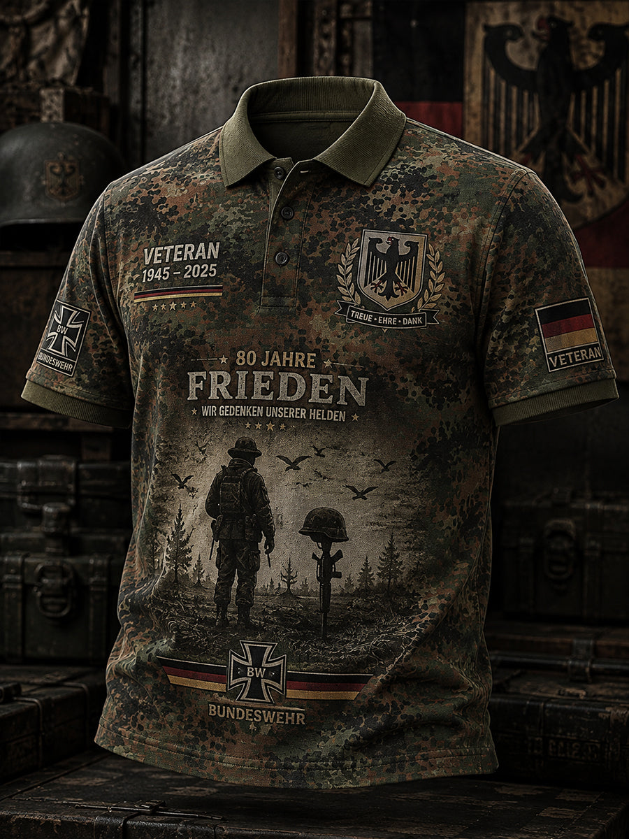 Herren-Poloshirt mit kurzen Ärmeln, Vintage-Camouflage- und militärstilistischen Prints