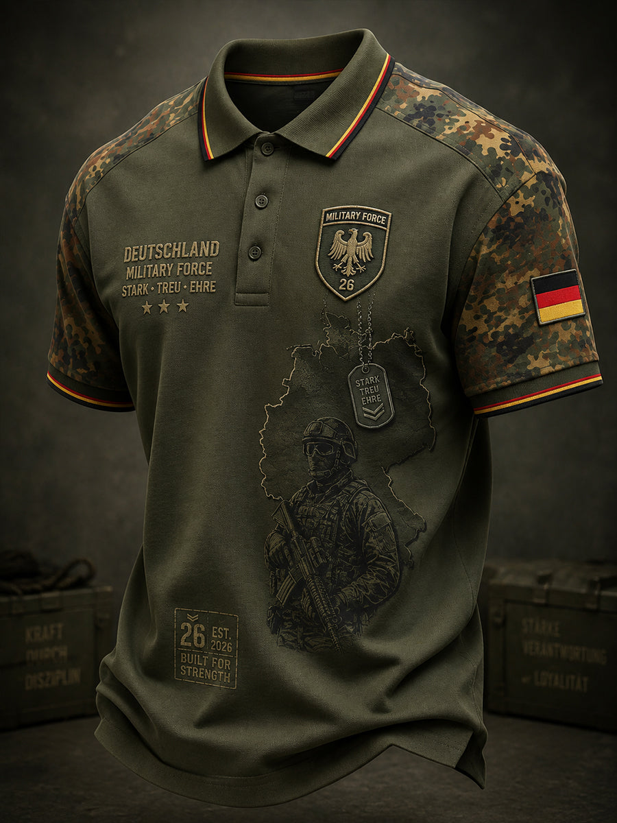 Herren-Poloshirt mit kurzen Ärmeln, Vintage-Camouflage- und militärstilistischen Prints